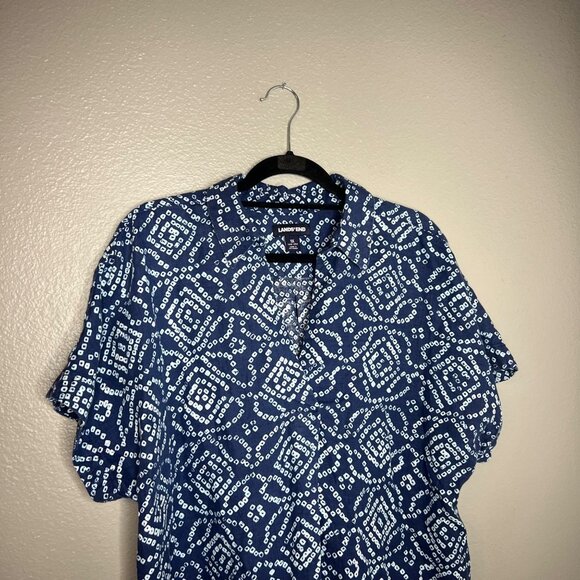 Lands' End Geo Pattern Blue and White Blouse - Picture 3 of 7
